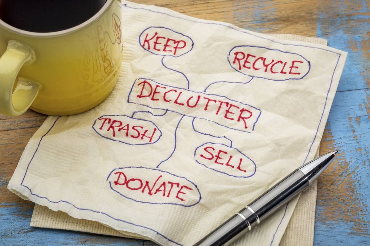 declutter concept (handwriting on napkin with a cup of coffee